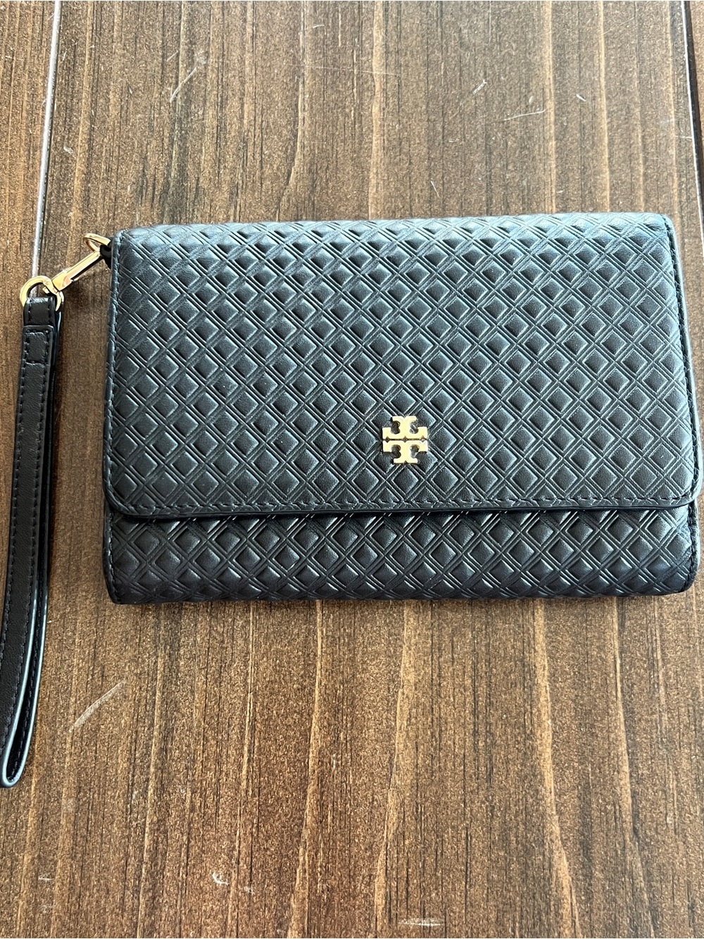 Tory Burch Black Marion embossed leather wristlet